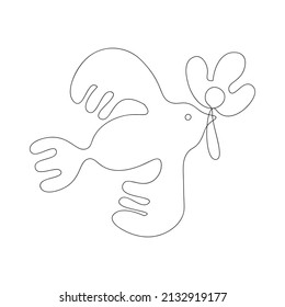 Bird with a Flower in Beak. Hand Draw Line Vetor