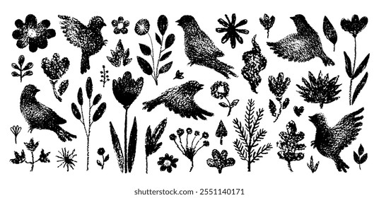 Bird with flower, branch, plant. Vector tree and sparrow or nightingale silhouette. Crayon pattern with leaf flower, twig branch garden shape. Nature illustration. Flying spring bird forest chalk art