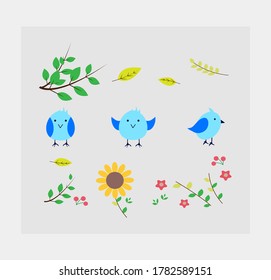 Bird and flower Cartoon. Flat vector graphic in white background.