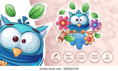 Bird in flower - cute sticker. Vector eps 10