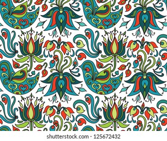 bird and flower cute vector seamless wallpaper abstract background pattern blue green