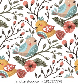 Bird and flower detailed kid seamless vector pattern. Floral ornate folk art cartoon wallpaper ornament. Birds on a branch.