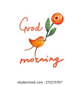 Bird With Flower. Greeting. Good Morning. Vector