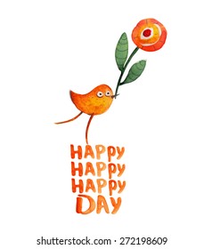 Bird with flower. Greeting. Happy day. Vector