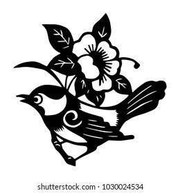 Bird and flower illustration in black and white. Oriental style.