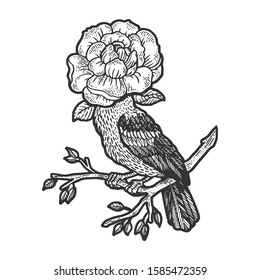 Bird with flower instead of head sketch engraving vector illustration. T-shirt apparel print design. Scratch board style imitation. Hand drawn image.