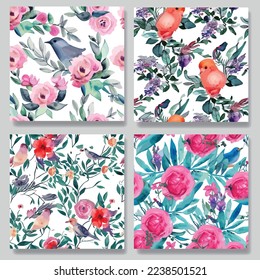 Bird, flower, leaf, branch. Hand drawn watercolor vector illustration. Vintage pattern.