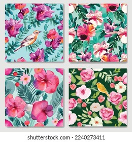 Bird, flower, leaf, branch. Hand drawn watercolor vector illustration. Vintage pattern.