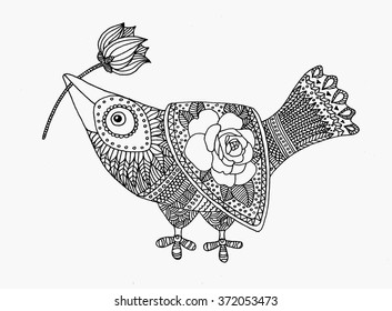Bird with flower on branch vector. Cartoon bird with flower. Isolated bird in flower style.