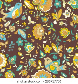 Bird and flower ornament pattern. Seamless vector floral texture