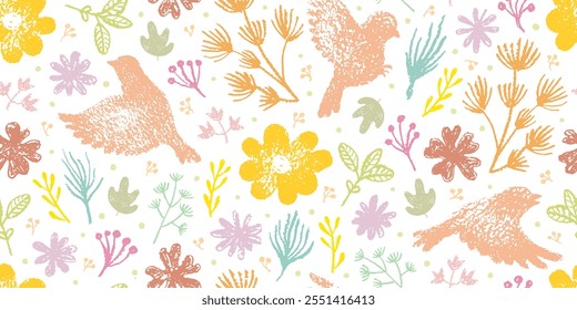 Bird flower pattern. Seamless floral vector spring background. Crayon wallpaper garden design. Abstract bird animal plant leaf flower print. Simple pastel illustration. Vintage cute Easter pattern bg