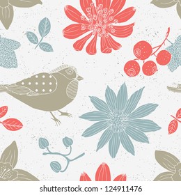 bird and flower seamless pattern