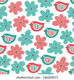 bird and flower seamless pattern 