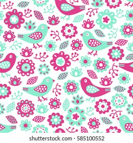 Bird and flower seamless pattern. Kid design. Vector illustration.