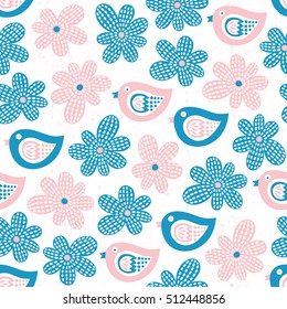 Bird and flower seamless pattern. Vector illustration. 