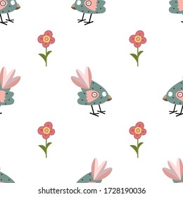 Bird and flower simple pattern, endless texture on white background.  Pattern for wrapping paper, textile, fabric, bed linen print