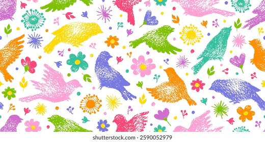 Bird and flower spring Easter pattern. Seamless floral vector background. Crayon rainbow spring wallpaper. Garden birds, plant leaf, flower print design. Abstract simple pastel Easter pattern, cute bg