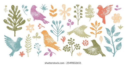 Bird and flower spring vector set. Floral background. Vintage cute leaf flower, bird illustration. Summer spring crayon design. Simple hand drawn pattern, floral garden silhouette. Nature kid chalk bg