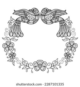 Bird and flower wreath hand drawn for adult coloring book