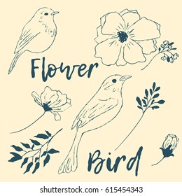 Bird, flowers, branches, leaves on a pink background. Spring. Birds and flowers. A collection of vector elements for design.