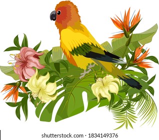 Bird and flowers in color illustration.Illustration with lilies, tropical flowers and a yellow bird.