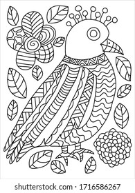 Bird and flowers coloring book page. Tropical wild animal with blossom flower and leaves. Heaven tropical bird coloring stock vector illustration. Detailed elegance fauna illustration. One of a series