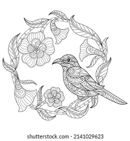 Bird and flowers hand drawn for adult coloring book