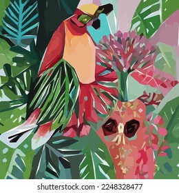 Bird, flowers, leaf, branch. Hand drawn floral watercolor vector illustration for fabric. Vector background for your design.