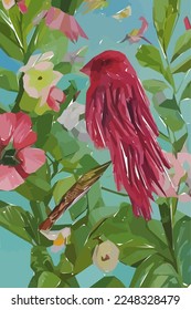 Pájaro, flores, hoja, rama. Ilustración vectorial de acuarela floral dibujada a mano para tela. Fondo vectorial para su diseño.
