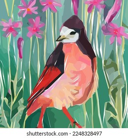 Pájaro, flores, hoja, rama. Ilustración vectorial de acuarela floral dibujada a mano para tela. Fondo vectorial para su diseño.