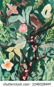 Pájaro, flores, hoja, rama. Ilustración vectorial de acuarela floral dibujada a mano para tela. Fondo vectorial para su diseño.
