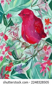 Bird, flowers, leaf, branch. Hand drawn floral watercolor vector illustration for fabric. Vector background for your design.