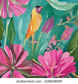 Bird, flowers, leaf, branch. Hand drawn floral watercolor vector illustration for fabric. Vector background for your design.