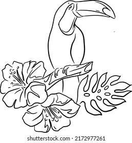 Bird, flowers, leaf, hand draw line vector illustration