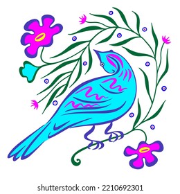 Bird and flowers naive art. Modern primitive groovy funky interior decoration, painting. Hand-drawn style art. Vector art illustration.