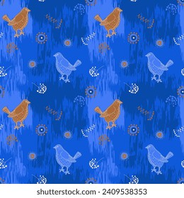 The bird and flowers on blue background, drawing in folk style. For printing,