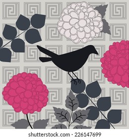 Bird with flowers over geometric pattern 