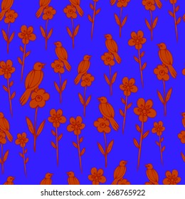 bird and flowers seamless pattern