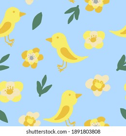 bird and flowers seamless pattern. wallpaper, textiles, wrapping paper. vector hand drawn doodle. trending colors 2021 gold, green, gray, yellow. baby, spring summer