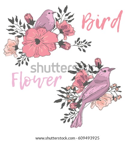 Bird Flowers Spring Birds Flowers Collection Stock Vector Royalty