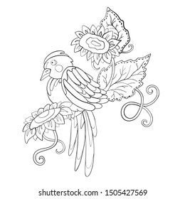 Bird with flowers sunflowers. Coloring book. Print. Vector illustration