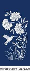 Bird and Flowers vector illustration. Interior, fabric print, stamp, engraving, stencil, packaging, card. Flying Hummingbird colibri