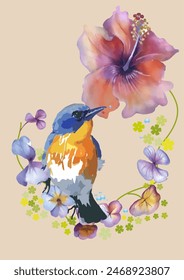 Bird and flowers watercolor illustration. Print for greeting card, wallpaper, fabric, wrapping paper, banner. Vector illustration in a watercolor style.