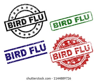 BIRD FLU seal prints with corroded style. Black, green,red,blue vector rubber prints of BIRD FLU text with grunge style. Rubber seals with circle, rectangle, medallion shapes.