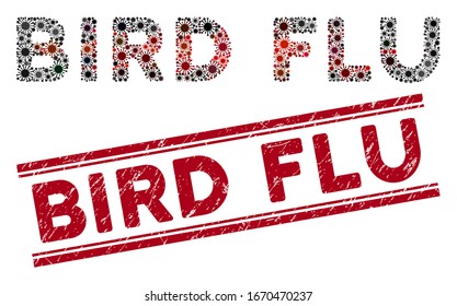 Bird Flu stamp seal and coronavirus mosaic text. Red vector textured stamp with Bird Flu text between parallel lines. Designed for rubber imitations with unclean rubber texture.