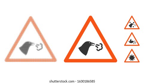 Bird flu warning halftone vector icon and solid version. Illustration style is dotted iconic Bird flu warning icon symbol on a white background. Halftone texture is circle blots. Some bonus icons.