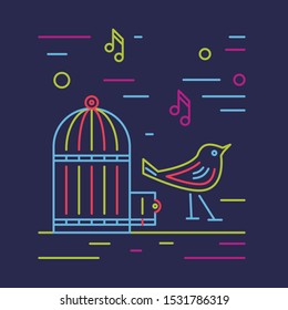 The bird fly out of the cage. Emancipation outline vector concept. Women's freedom line illustration.