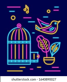 The bird fly out of the cage. Emancipation neon outline vector shine concept. Women's freedom line illustration.