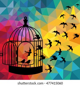 bird fly out cage. freedom concept on abstract colorful triangle vector background. geometric pattern. vector illustration.