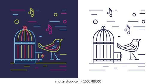 The bird fly out of the open cage. Emancipation outline vector concept. Women's freedom line illustration.